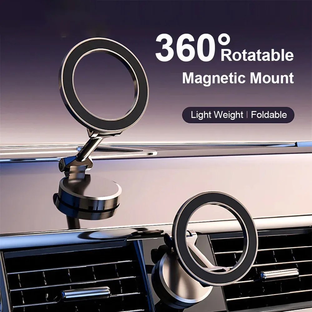 Zinc Alloy Folding Magnetic Car Compact Cell Phone Holder for MagSafe 360° Adjustable Magnetic Car Mount for iPhone 14 13 12 Pr