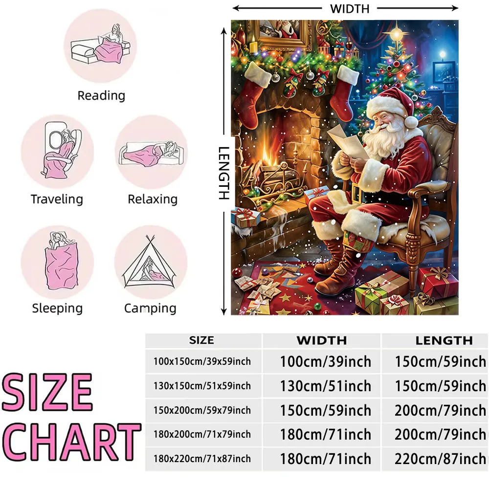 230g Flannel Fleece Blanket Christmas Santa Claus Night Scene Pattern Soft Warm Cozy Winter Blanket for Gift