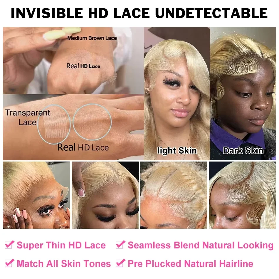 透明感のあるハニーブロンドのレースフロントウィッグ、ボディウェーブウィッグ、人毛613人毛ウィッグ、13x4、13x6 HDレースフロントウィッグ（女性用）