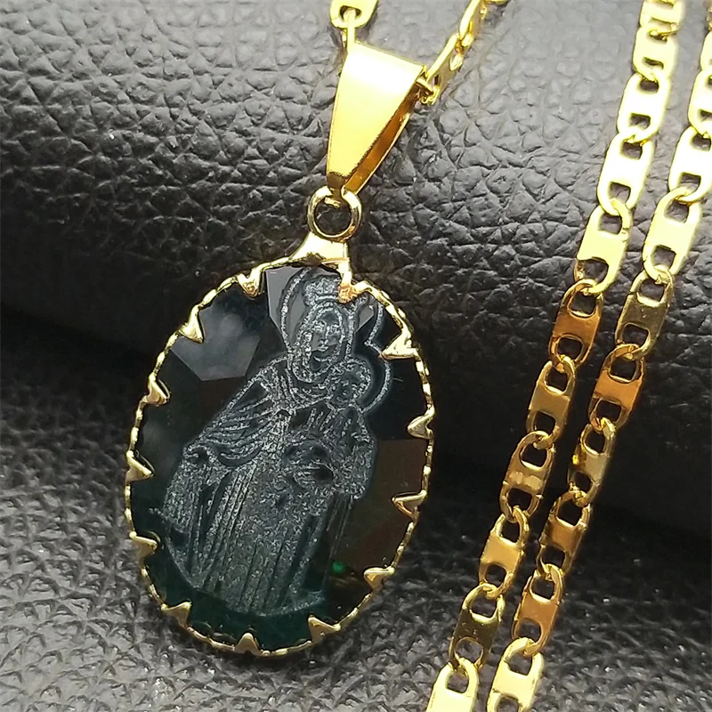 Virgin Mary Baby Jesus Oval Glass Pendant Necklace for Women Men Stainless Steel Gold Color Catholic Mother Mary Chain Jewelry - view 3