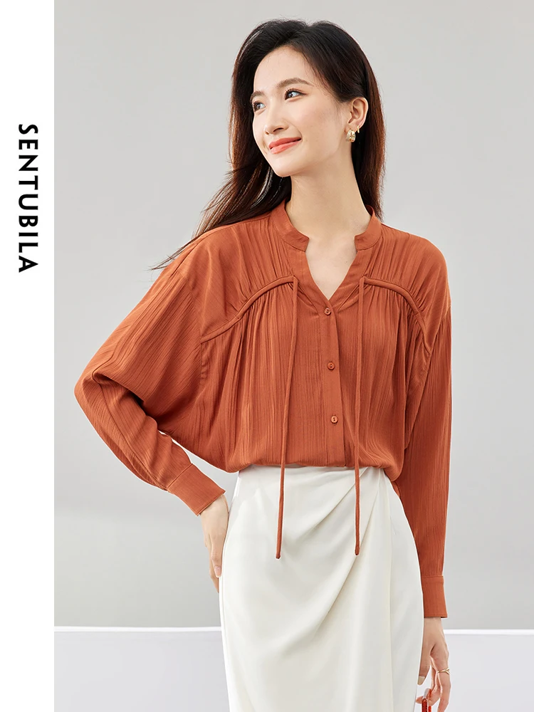 SENTUBILA Women\'s Loose Drop Long Sleeve Shirts 2024 Spring Autumn Casual Tops Female Button Up Orange Shirt Blouses 141C51340