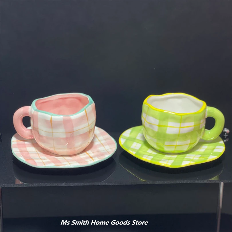 

Japanese-style Underglaze Color Hand-painted Cloth Plaid Coffee Mug, Irregular Ceramic Cup and Saucer Suit