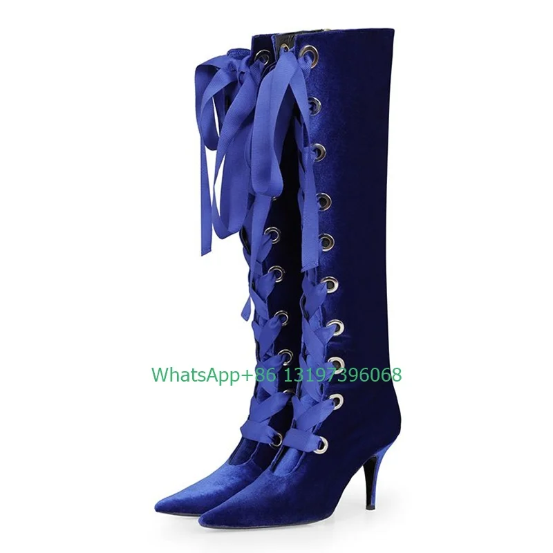 Lady suede blue color design lace-up boots low heel stain strap kitten heel dress boots knee boots size 46 elegant  party boots