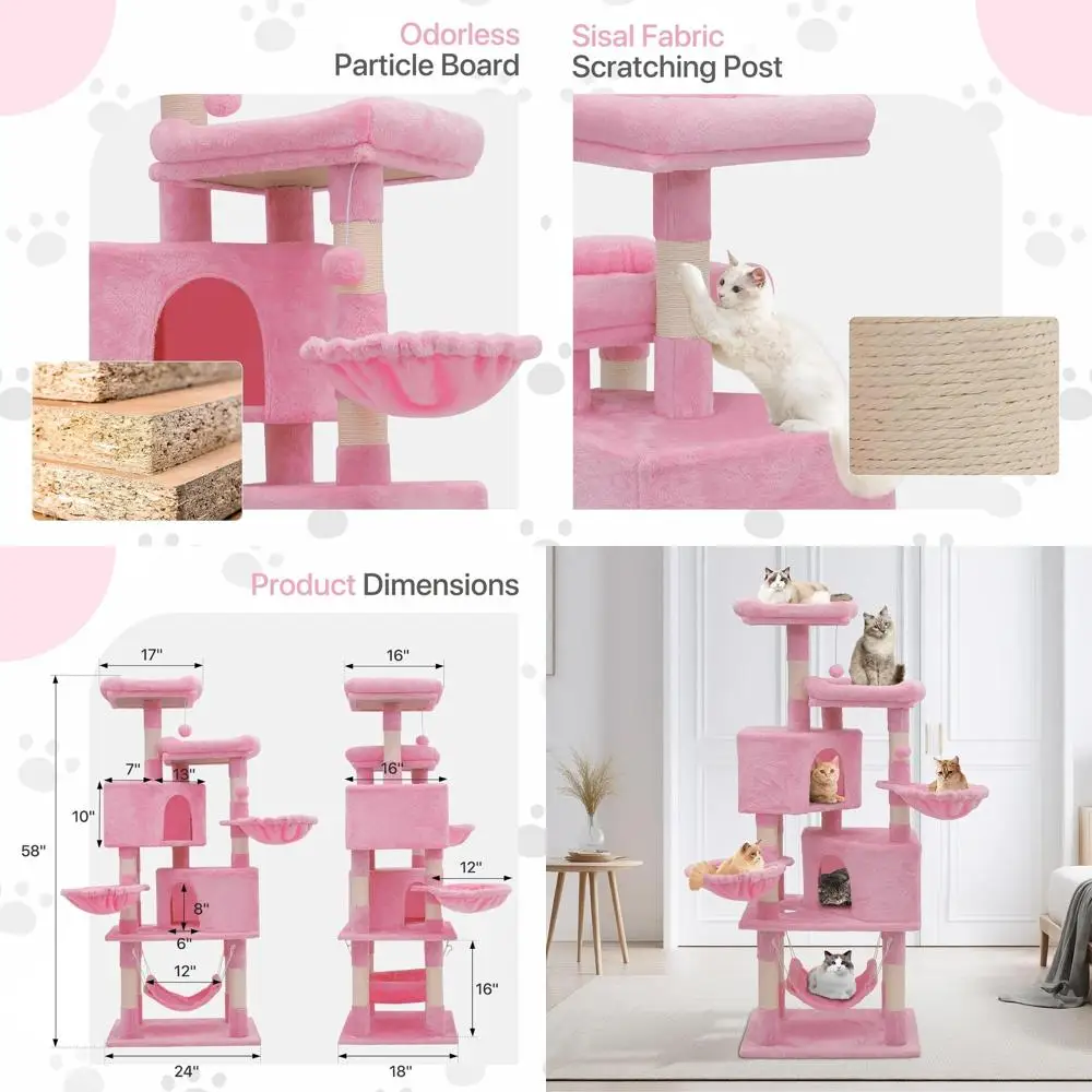 

58 Pink Cat Tower with Hammock, Platforms, Caves, Perches, Baskets & Balls