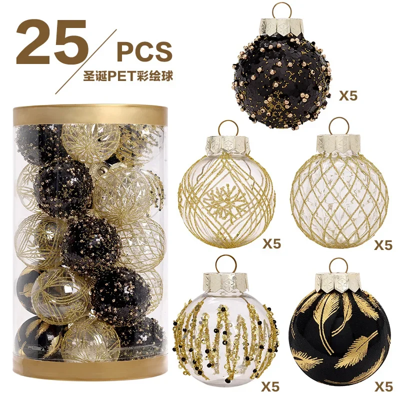 

New Arrivals Christmas Decorations Black Gold Boutique PET Painted Christmas Ball Set Christmas Tree Decoration Balls