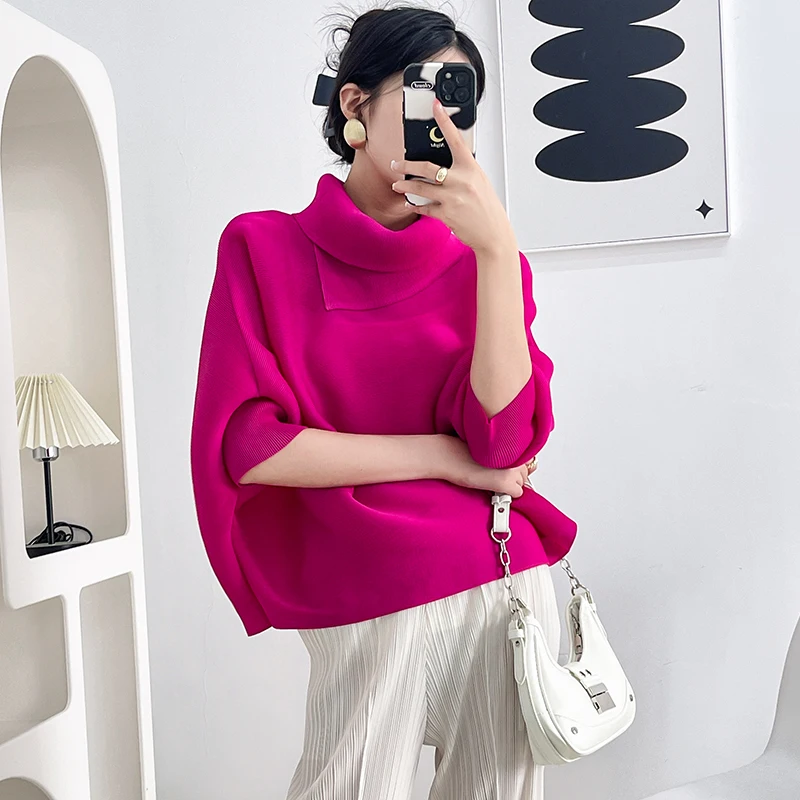 

Miayke Pleated Batwing Sleeve Pollover T-Shirts Women Scarf Collar Solid Color Loose Big Size Female Causal Top 2024 Summer New