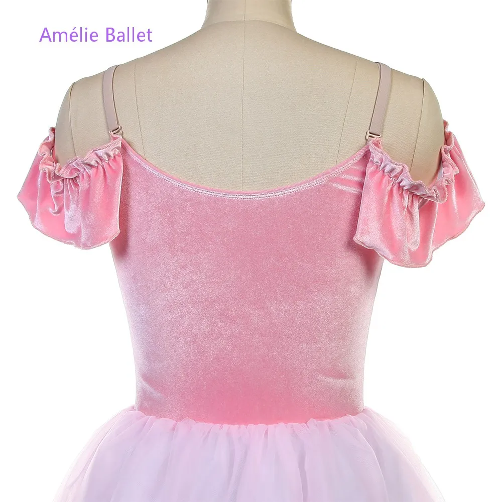 25128 새로운 발레 의상 오프 숄더 핑크 벨벳 로맨틱 롱 발레 의상 무대 공연 댄스 의상 5가지 색상