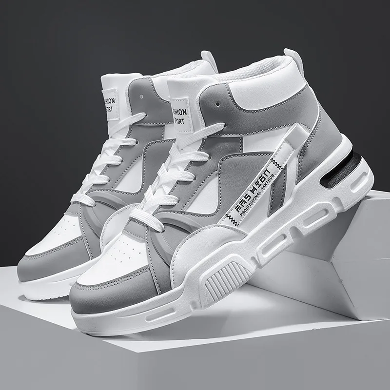Men's Spring and Autumn Versatile Trendy Color Blocked Sports and Leisure Shoes, High Cut Comfortable Large Outdoor Leather Shoe