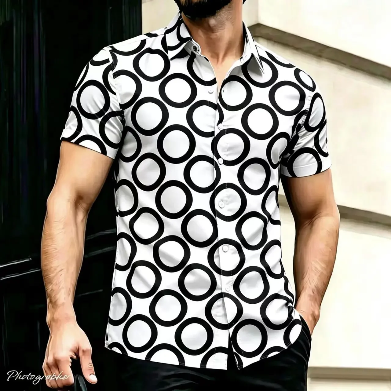 Hot Sale New Men's Round Patterned Short Sleeved Shirt For 2026 Premium Casual Breathable Daily Street Style