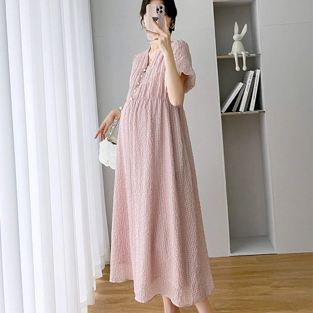 Robe d'Été à Col en V pour Femme Enceinte, Tenue à Manches Courtes, Rose, Douce, Maxi