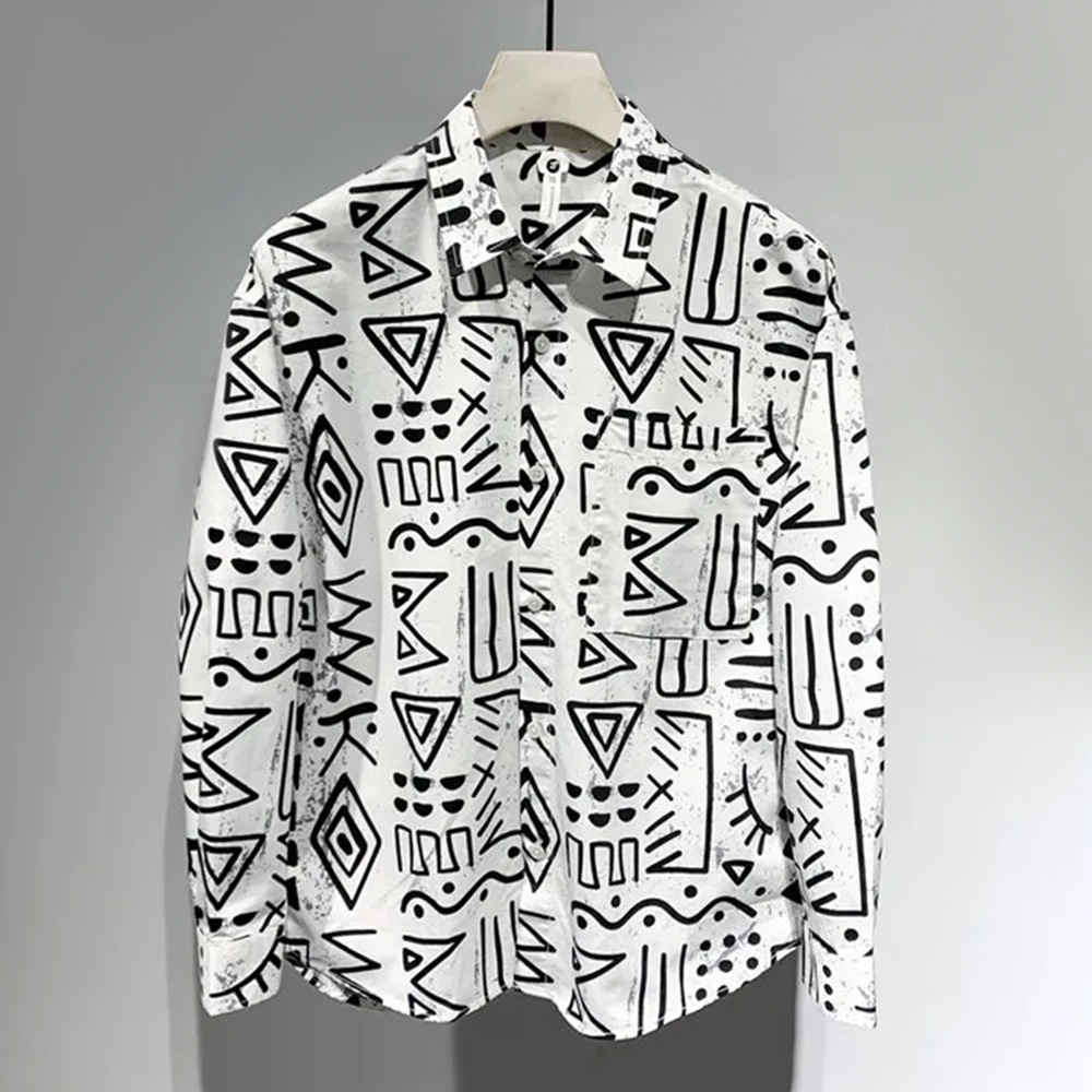 2024 Spring And Summer New Style Men\'s Casual Shirt Geometric Pattern Graffiti Print Fashion Comfortable Long-Sleeved Top