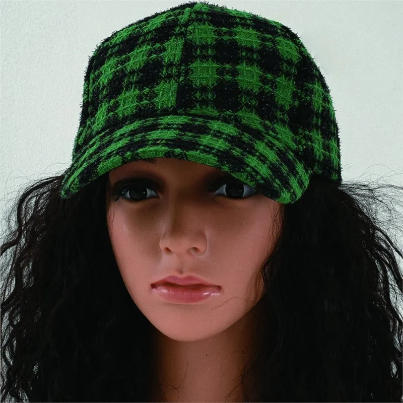 A fashionable and casual checkered green fleece thickened hat for women suitable daily shopping sightseeing