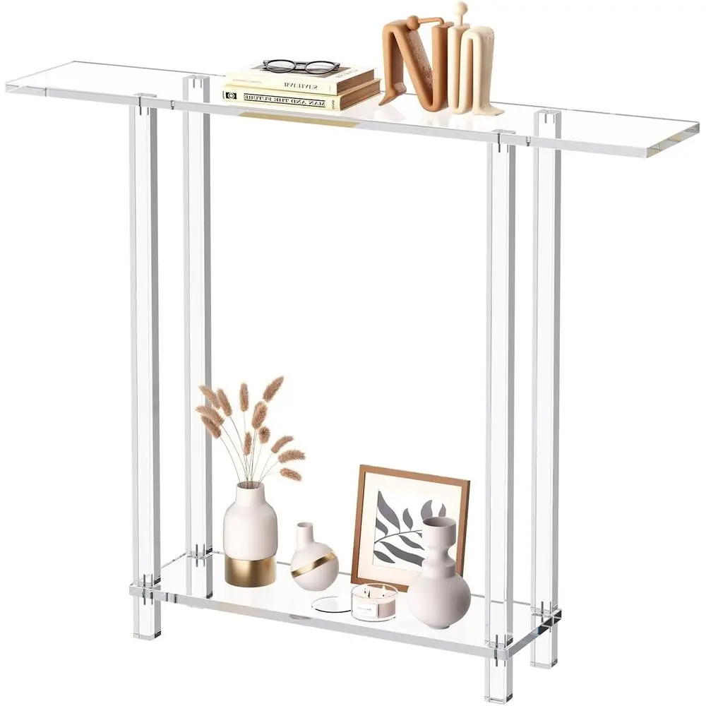 

Acrylic Narrow ole Table or Entryway, Clear Skinny Entry Side Table, 2-Tier ern Transparent Soa End Table, Square Legs