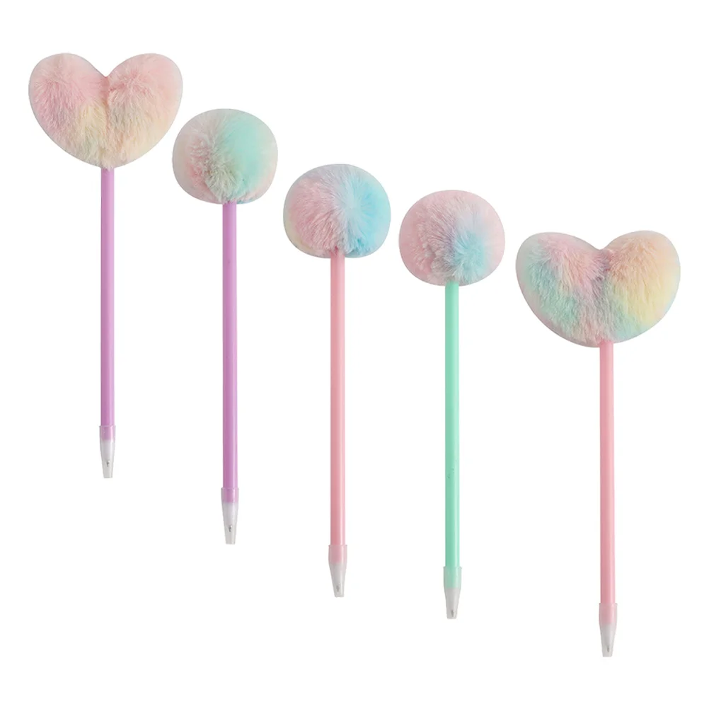 

5 Pcs Hair Ball Accounting Pen Fluffy Pens Decorative Fountain Cute Elegant Style Heart Pompom Plush Adorable Girl