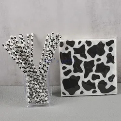 Black White Cow Pattern Paper Napkins Straws Farm Cow Theme Disposable Tableware for Kids Birthday Baby Shower Party Decoration