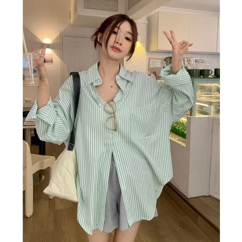 

Korean Y2K Streetwear Sweet Women's Shirts Striped Button Fashion All-match Women's Cardigan Top 2026 Autumn New Shirts Simple