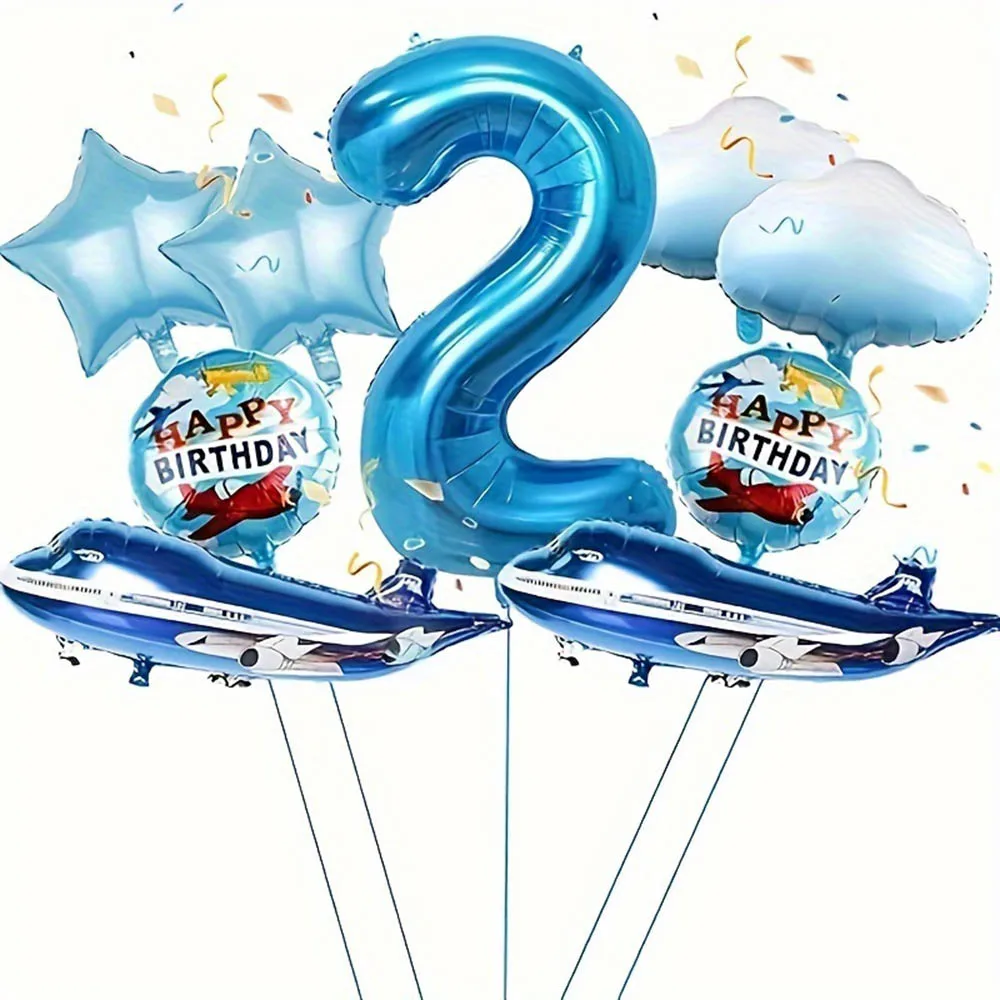 9pcs Airplane Balloon with 32 inch Blue digital 1-9 Number Foil Balloon Kids Pilot Theme Boys Aircraft Birthday Party Decoration - Image 2