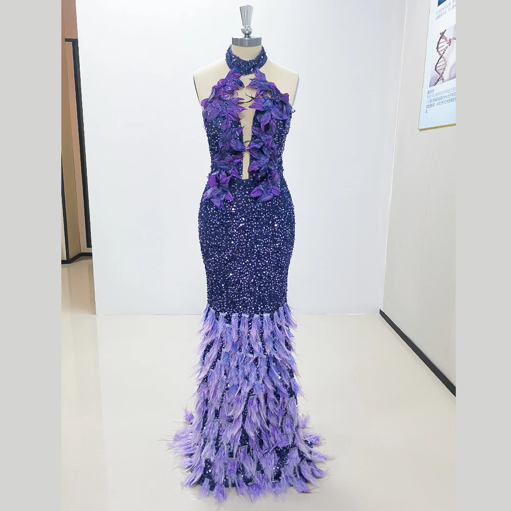 Purple High Necked Sleeveless Sequin Feather Evening Dress New Fashion Female Floor Length Party Prom Gowns