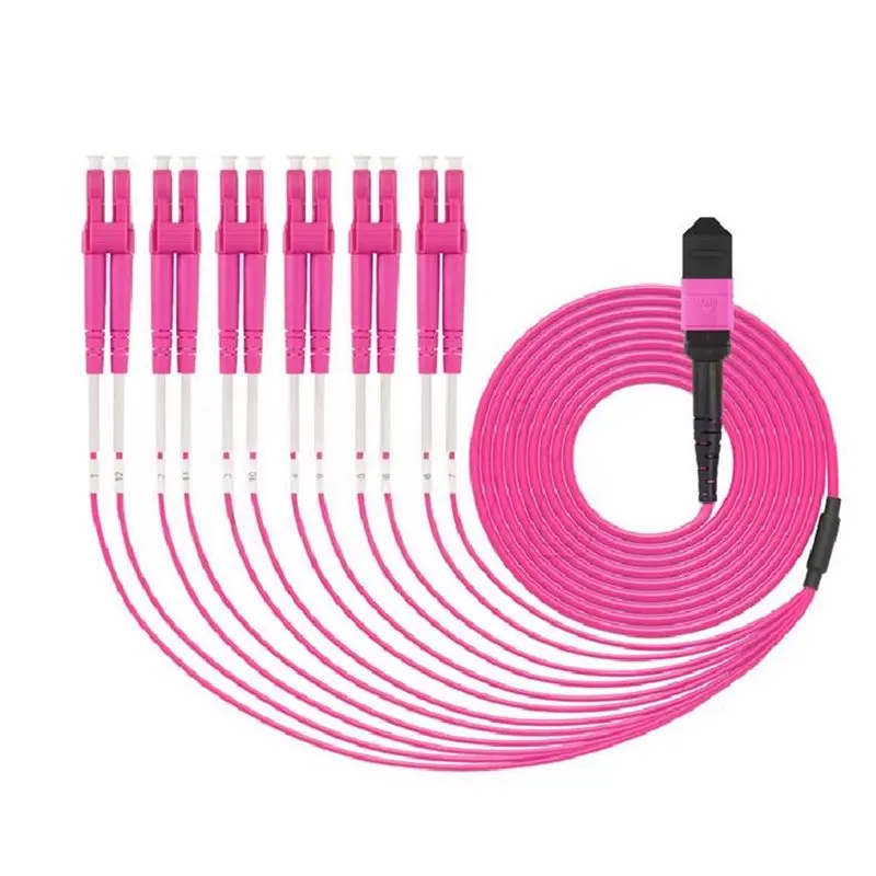 データセンター対応、12芯om4光ファイバーmpo-lcパッチケーブル、1メートル、高速ネットワーク用。