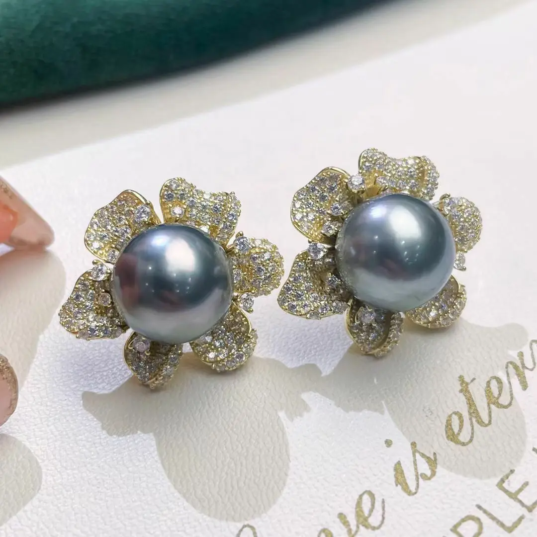 Gorgeous 9-10mm South Sea Round Silver Grey Pearl Earring 925s