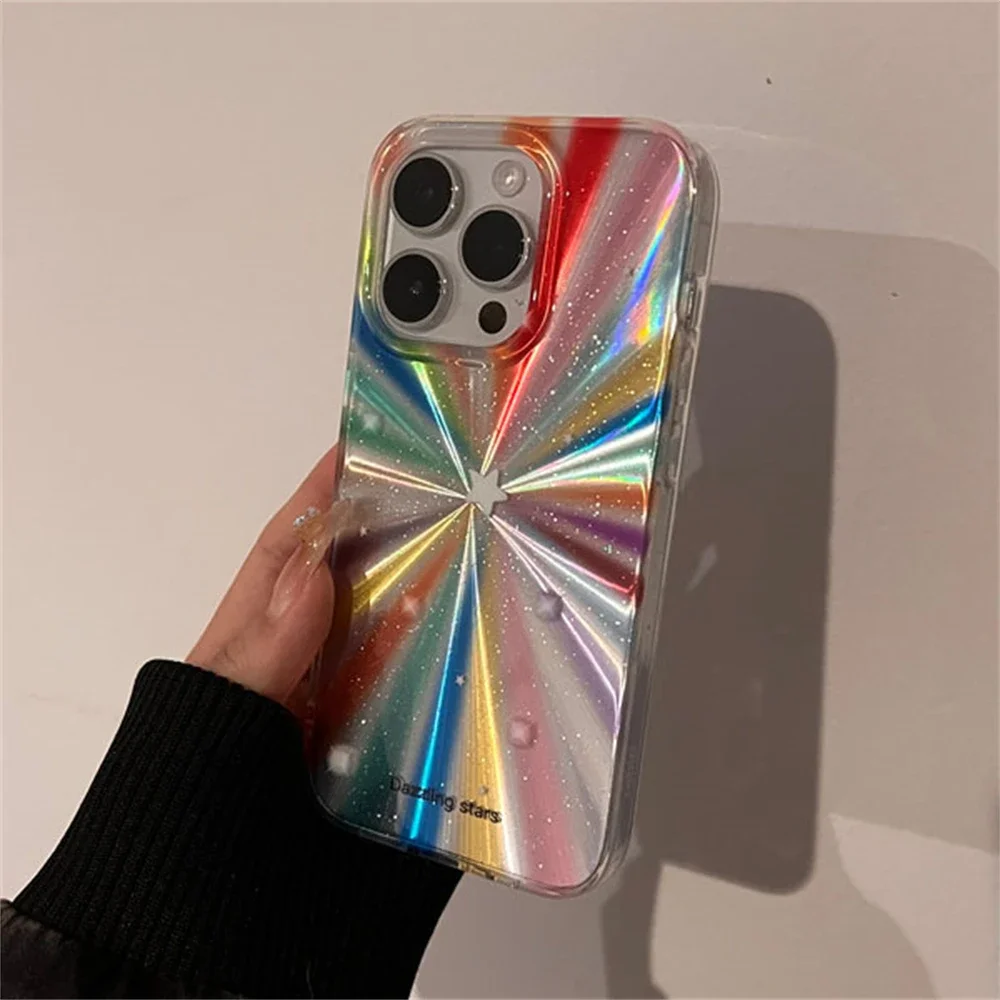 Luxury Laser Radiant Firework Rainbow Color Phone Case For iPhone16 15 14 13 12 11ProMax Glitter Star Lens Protection Soft Cover