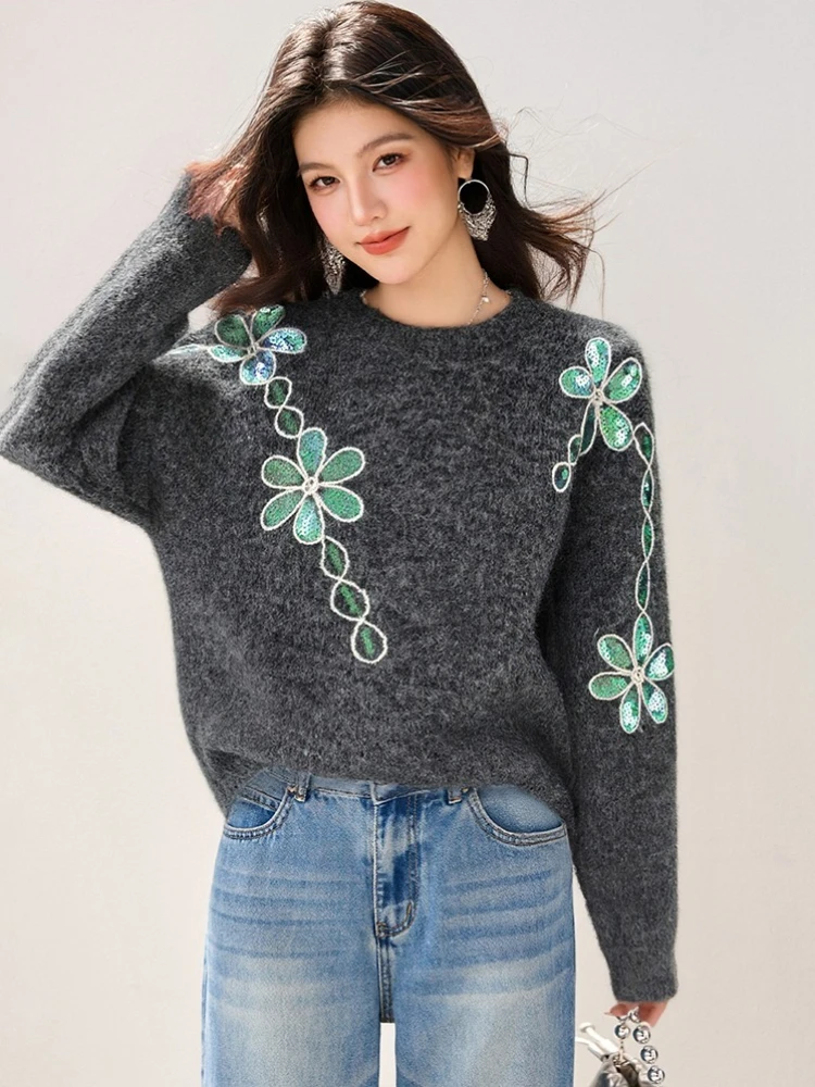

Floral Sequin Embroidery Round Neck Knitted Sweater Women's Autumn Korean Style Long Sleeve Loose Casual Pullover Knitwear Tops