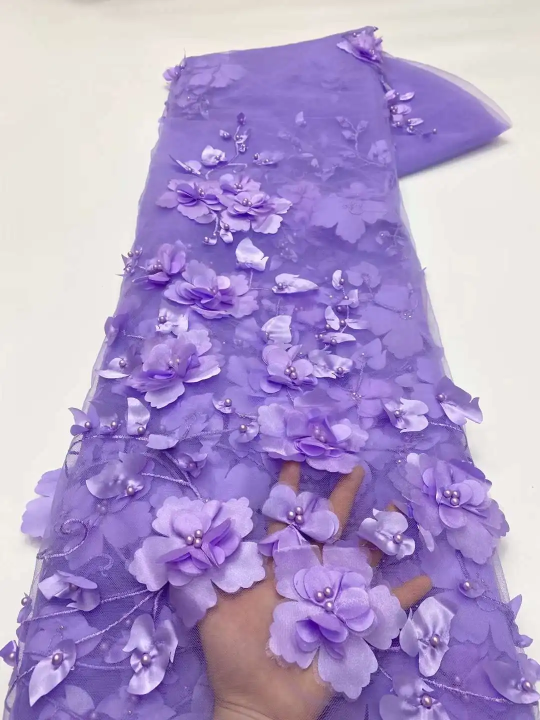 Tissu en dentelle de tulle violet pour mariage, fleurs 3D, dentelle perlée française, qualité de luxe, patients