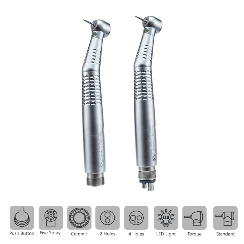 Dental LED High Speed Handpiece With Lights E-generator Standard Torque Head Push Button 3 Water Spray 2/4 Holes Design Logo OEM