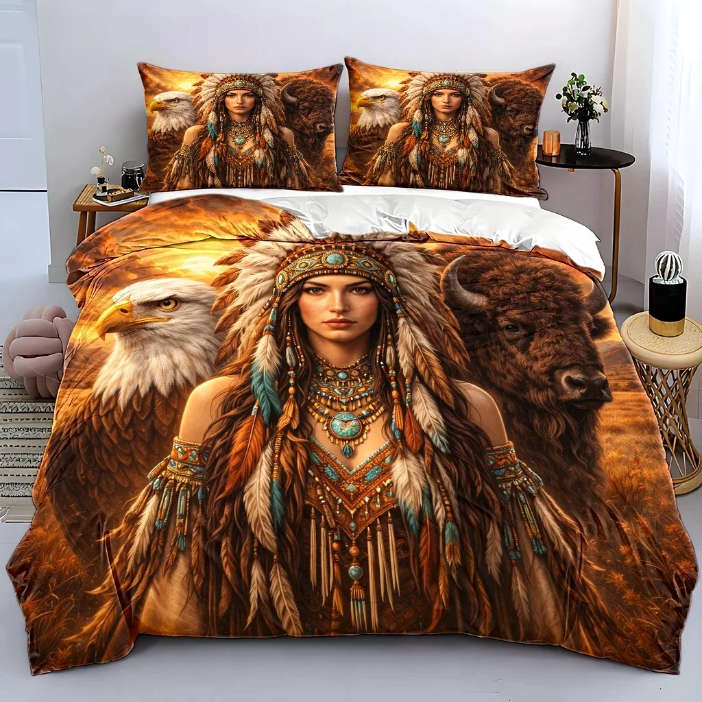 Ensemble de literie 3 pièces de style culturel indien (1*Housse de couette + 2*Taies d'oreiller), ensemble de housse de couette adapté à toutes les saisons, lavable en machine, ensemble de housse de couette pour grand lit double avec fermeture éclair invisible, adapté pour la maison, le dortoir, la chambre principale, la chambre d'invités, ensemble de housse de couette à imprimé tribal vintage, ensemble de literie de style ethnique américain, best-seller transfrontalier, ensemble de literie à haute densité de fibres, haute densité, doux pour la peau, respirant, couvre-lit et housse de couette de style européen et américain, ensemble de literie multifonctionnel pour la maison, décoration de chambre à coucher.