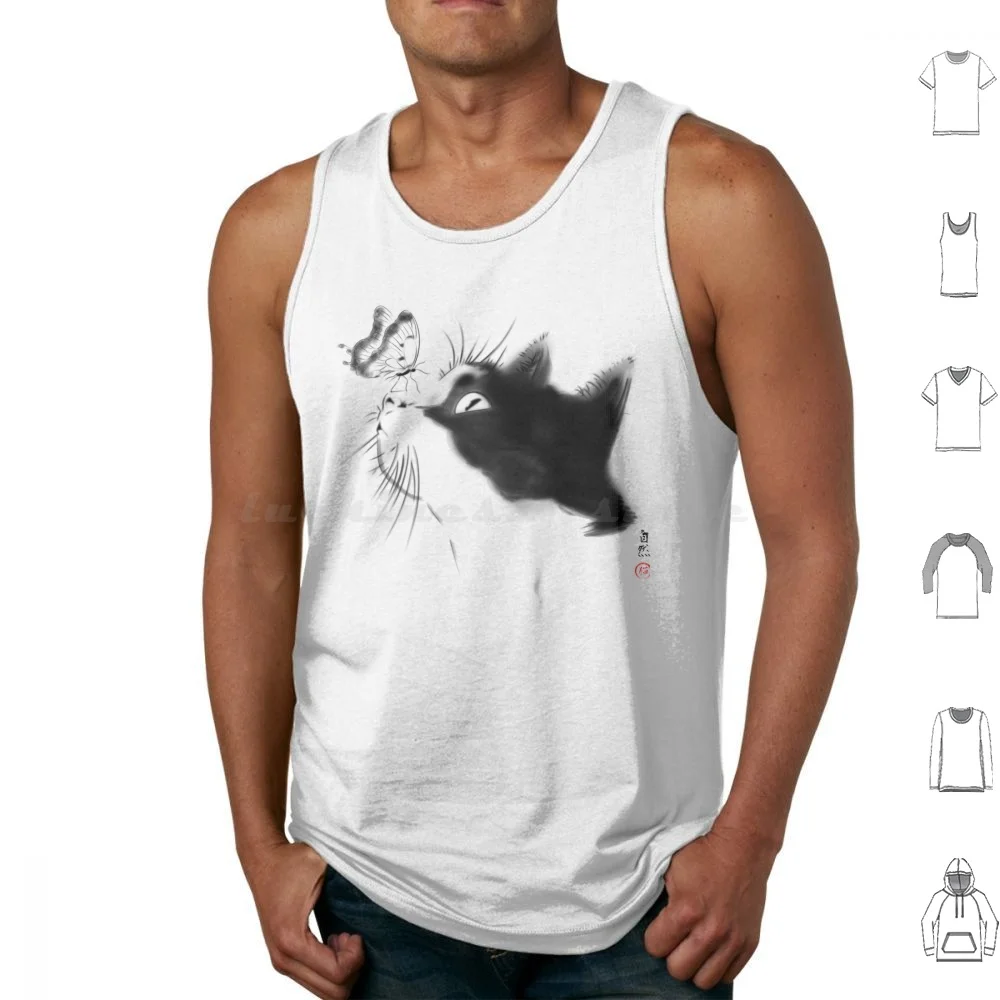 Curious Cat Tank Tops Print Cotton Cat Kitty Japan Japanese Sumi E Animal Animals Nature