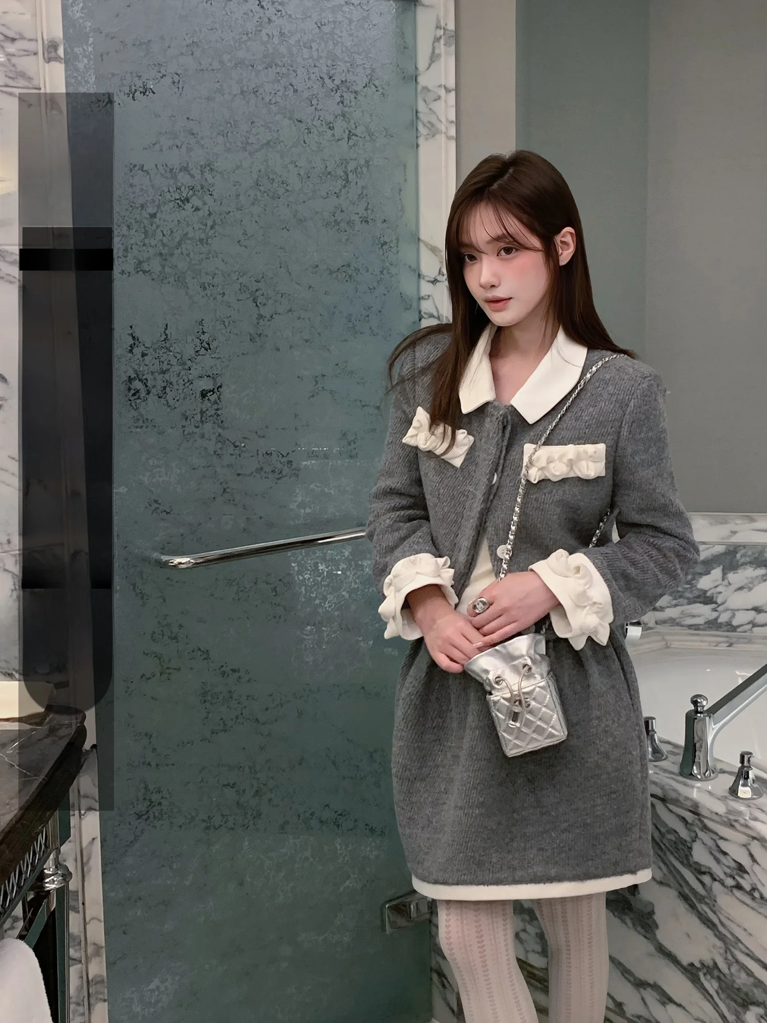 

KAS Wool Cotton Tweed Jaet Flouquet Skirt Set Sweet Sle Online Exclusive Thiened Winter Youth Women's Coat