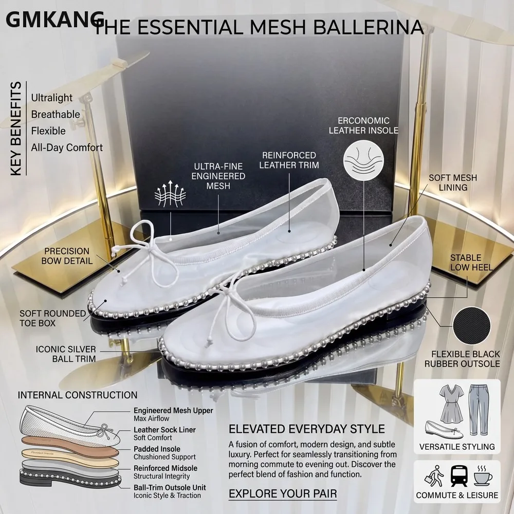 Women’s Mesh Ballet Flats – Soft Sole Beaded See-Through Flats for Daily Wear, Lightweight Slip-On Breathable Shoes for