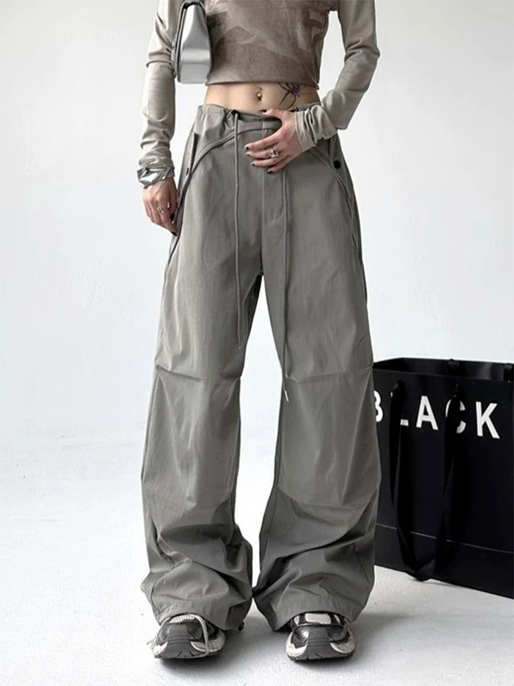 Women Grey Cargo Pants Baggy Streetwear 90s Aesthetic Parachute Pants Harajuku Japanese 2000s Style Y2k Vintage Trousers Clothes