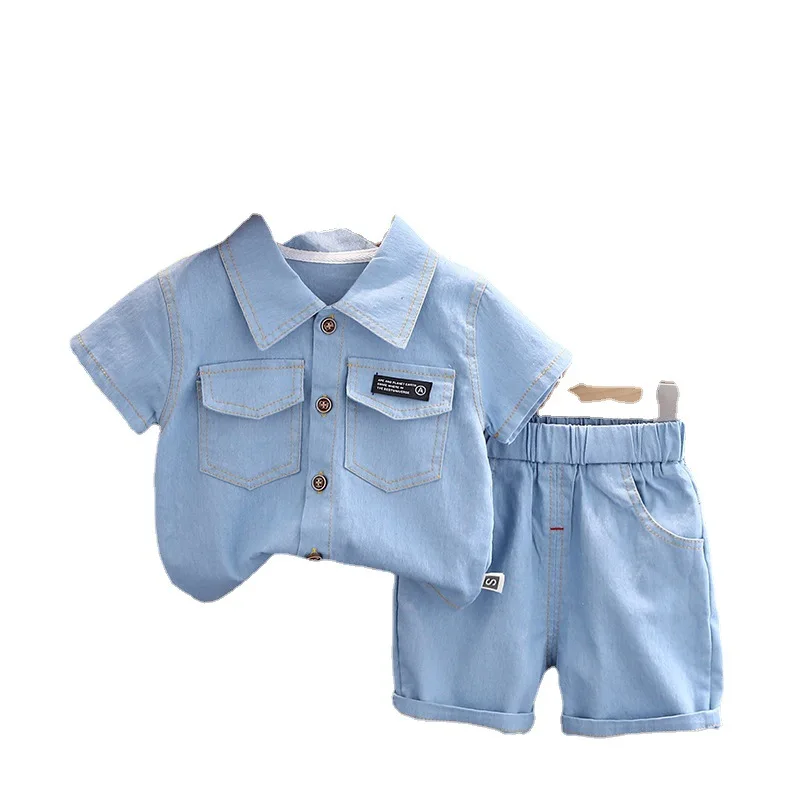 Summer new shirt 2024 boys lapel short-sleeved suit kidsren\'s clothing kidsren\'s workwear casual pants shirt two-piece set