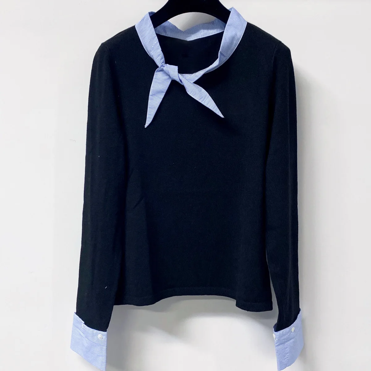 High Quality Women Tie Neck Knit Top Striped Contrast Collar Cuff Long Sleeve Fitted Fake Two Piece Sweater lyt2672311