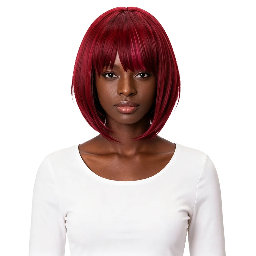 

Burgundy Ombre Bob Wig with Bangs For Black Women Easy to Wear Heat Resistant Synthetic Short Straight Inward Wig Daily Party