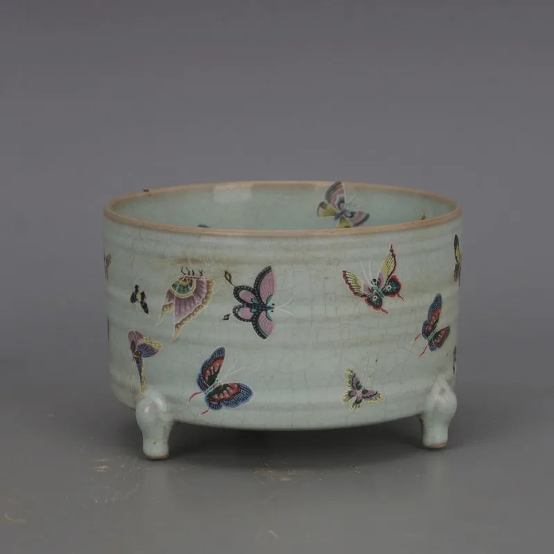 China Celadon Porcelain Tripod Incense Burner Song Ru Kiln Butterfly Design 5.1