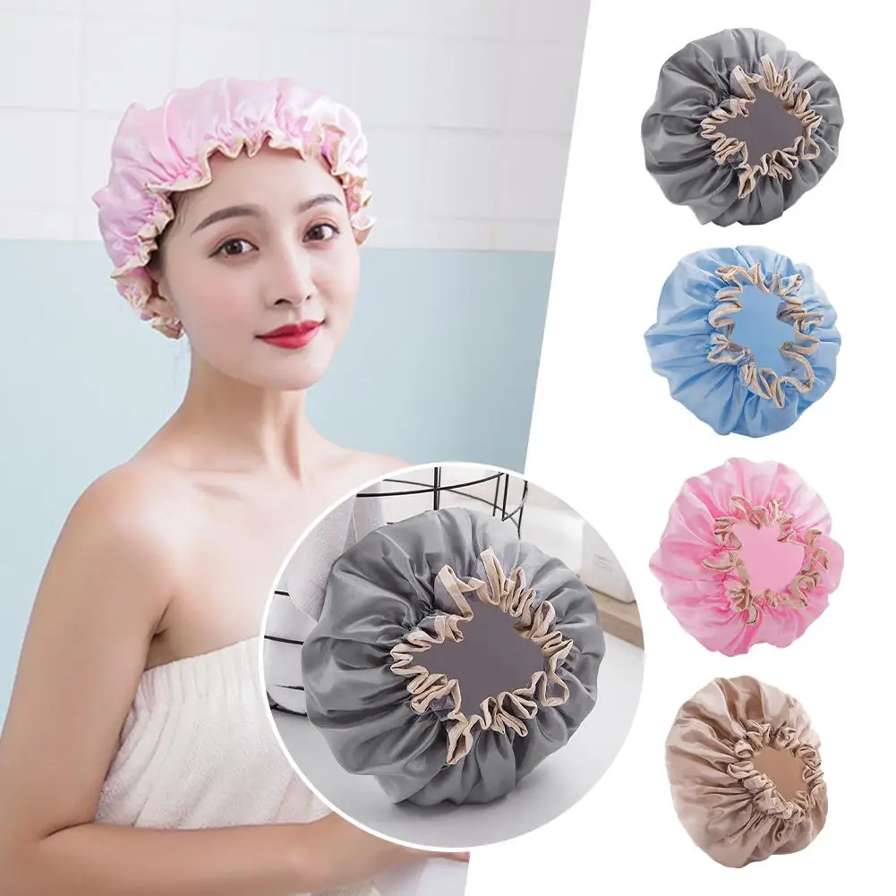 Double-layer Shower Cap Bath Cap Waterproof Elasticated Reusable Hat Hair Dry Cover For Women Girls Shower Cap Bathroom Products