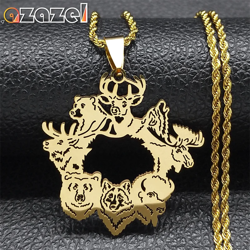 Wicca Cute Animals Pendant Necklace for Women Stainless Steel Gold Color Hollow Necklaces Men's Neck Chain Jewelry Gift N3048S08