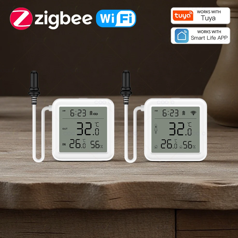 Tuya WiFi Zigbee مقياس درجة الحرارة والرطوبة مع مستشعر مسبار خارجي شاشة LCD رقمية ميزان الحرارة لفريزر خزان الأسماك #1