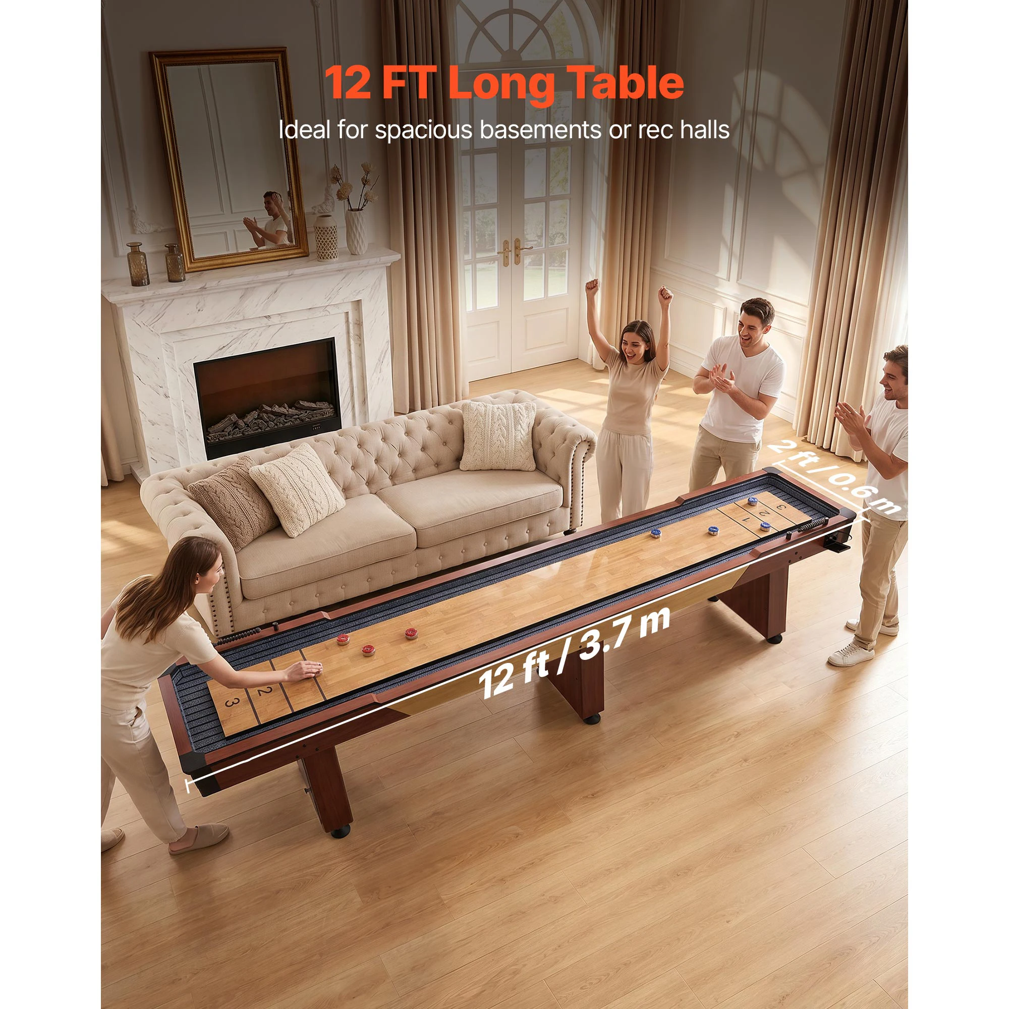 12 ft Shuffleboard Table, 2 in 1 Shuffleboard and Bowling Combo Set, 8 Pucks, Shuffle Board with Rustic Wood Finish, Scratch-Resistant Playfield, Bowling Set, Wax, Brush, Designed for Family Game Room