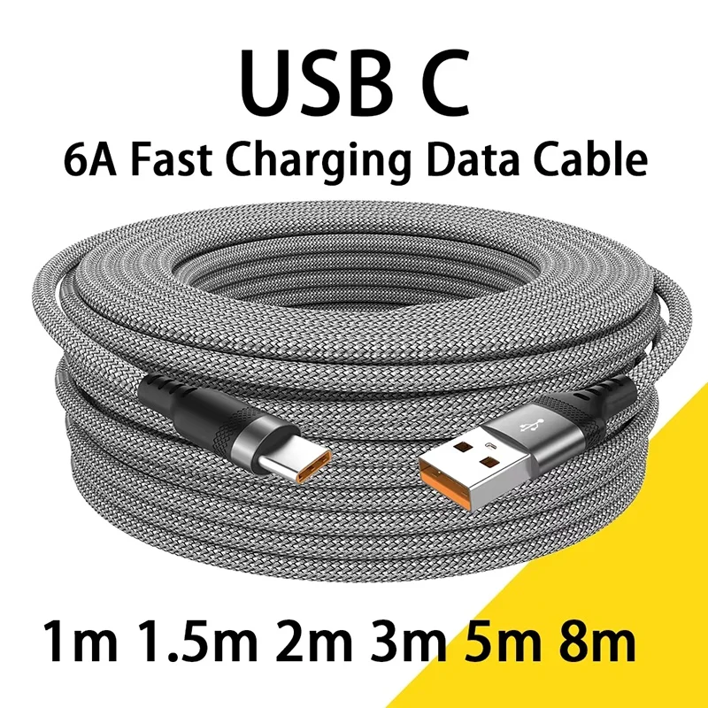 1m 2m 3m 5m 8m USB Typ-C 6A Super-Ladekabel, verlängertes USB-auf-Typ-C-Kabel, schnelles Laden, Nylon-Datenkabel für Xiaomi Huawei