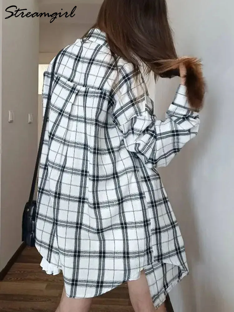 Summer Outerwears Women's Plaid Shirt Oversized Blue Retro Long Sleeve Blouse Khaki Plaid Shirt Black And White Loose Blouse