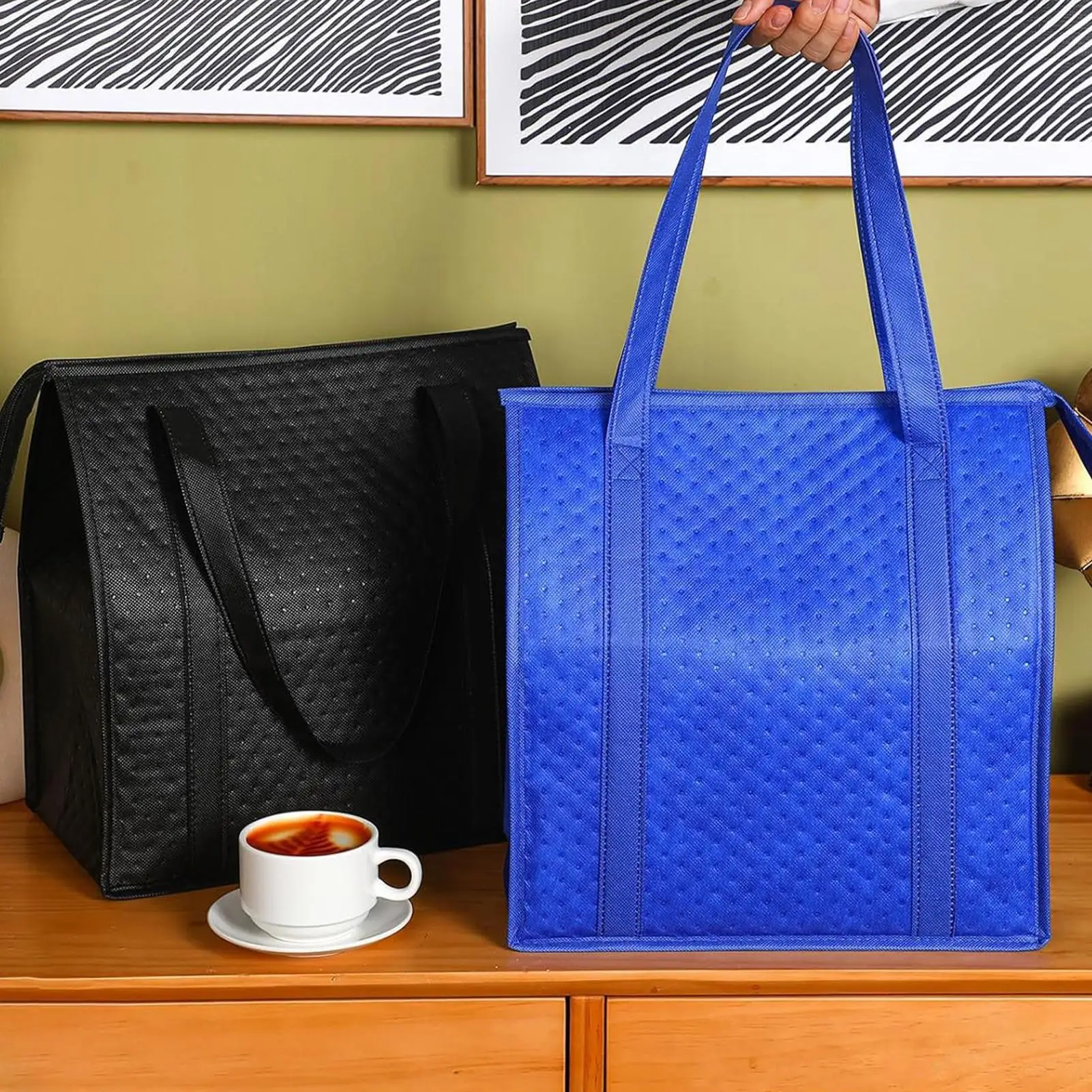 2Pcs Insulated Grocery Bags Reusable Zippered T op Tote 30x18x33cm Cooler Bag For Drink Food Travel Picnic Shopping Camping