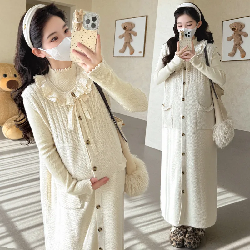 Maternità di fascia alta moda 2025 Autunno stile coreano cravatta in pizzo con bottoni maglione gilet abito e top base a maniche lunghe