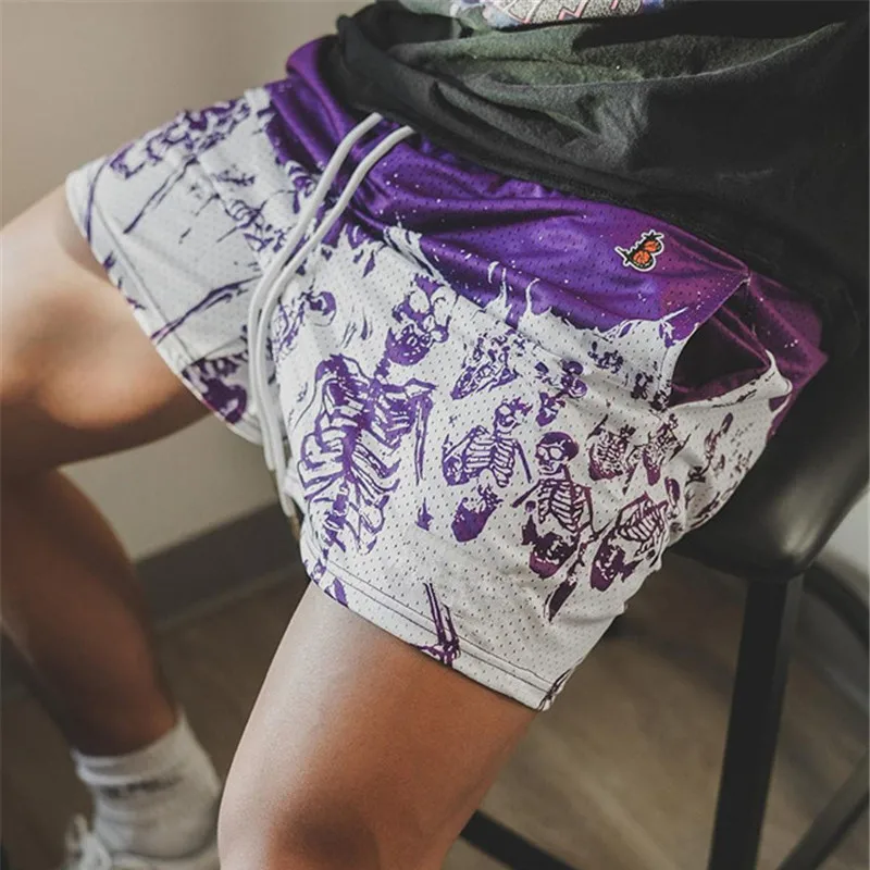 Summer New men short pant Skull Pattern Casual Shorts Street Hip Hop Fitness Polyester Fast Dry Breathable Embroidery Men Shorts