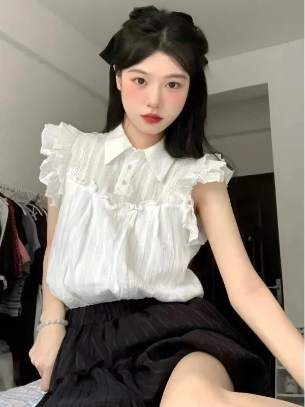 

White Polka Dot Shirt Women's Style Summer Thin Korean Loose Slimming Top Wooden Collar Flying Sleeve Regular Length