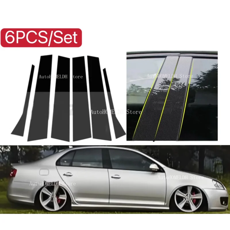 

6PCS Silver Carbon Gloss Black Pliiar Posts Fit For VW Jetta MK5 Sedan 2006-2009 2010 Door Moulding Tim Window Decora Cover