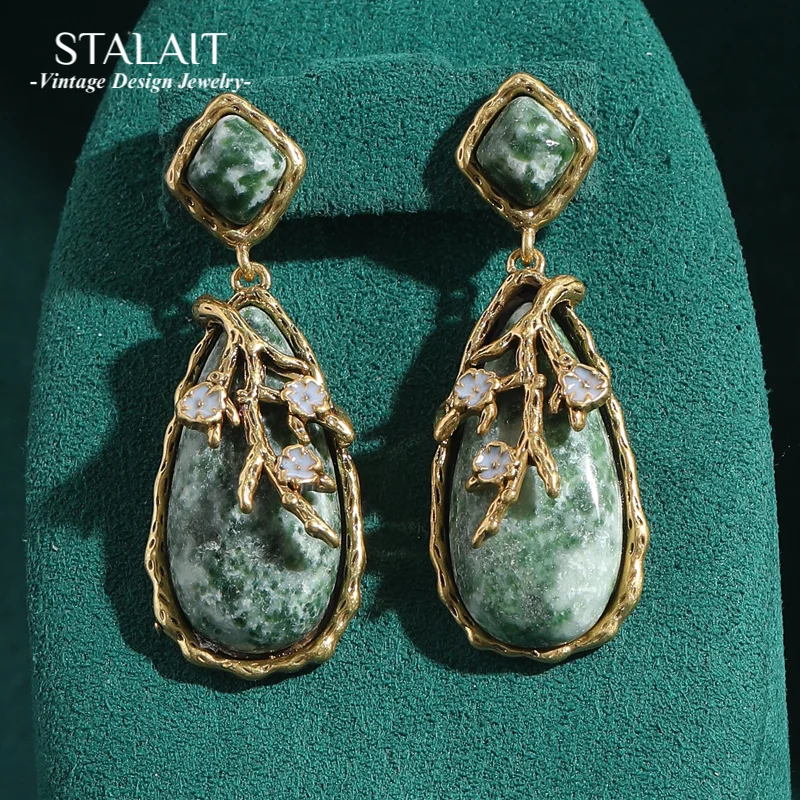 

Vintage Long Green Nature Stone Water Drop Earrings Jewelry Luxury Designer Antique Gold Color Women'S Accessories 2025