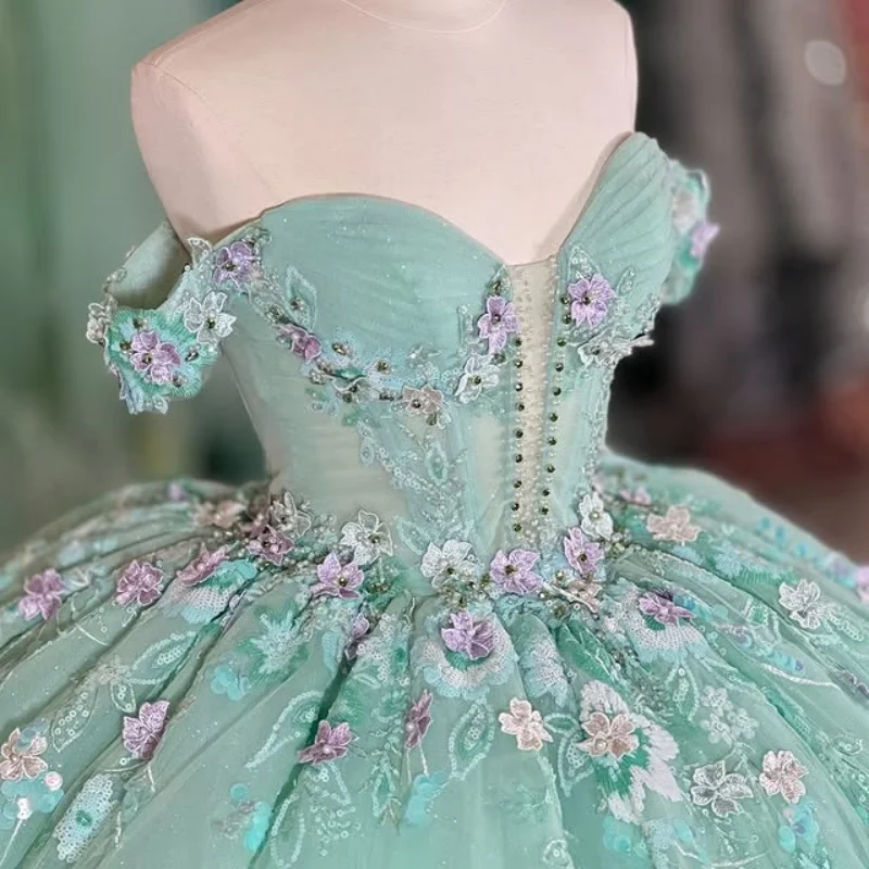 

Shiny mint green Quinceanera Dress off-shoulder glitter 3D flower Decal Long tail Vestidos De 15 Quinceanera ﻿Customize